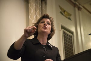 Syracuse Mayor Stephanie Miner defended her anti-merger stance at the debate held Wednesday night in Maxwell Auditorium.